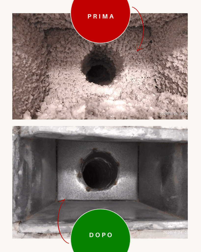 prima e dopo la sanificazione di un canale HVAC